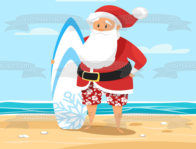 Merry Christmas Santa Claus at the Beach with a Boogie Board Edible Cake Topper Image ABPID53471