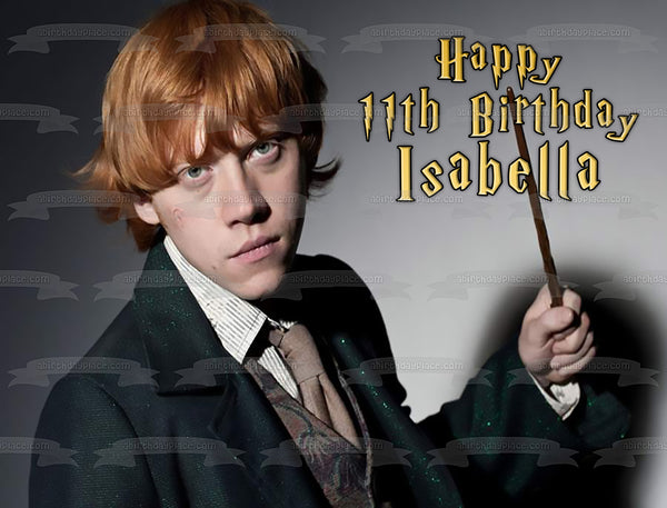Harry Potter Ron Weasley Hogwarts Magic Wand  Happy Birthday Personalized Name Edible Cake Topper Image ABPID53592