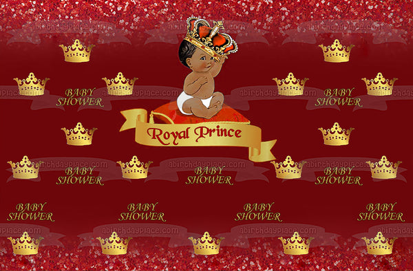 Baby Shower African American Royal Prince Baby Gold Red Crown Edible Cake Topper Image ABPID53600