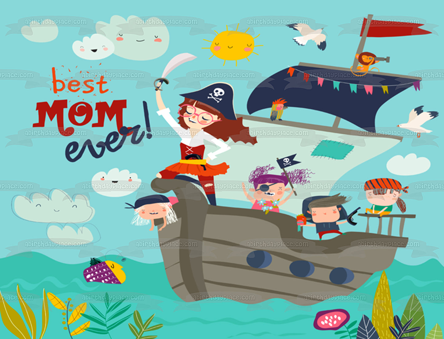 Mother's Day Captain Mommy Pirate Ship Mother and Children Edible Cake Topper Image ABPID53699