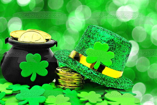 Happy St. Patrick's Day Pot of Gold Leprechaun Hat Edible Cake Topper Image ABPID53724