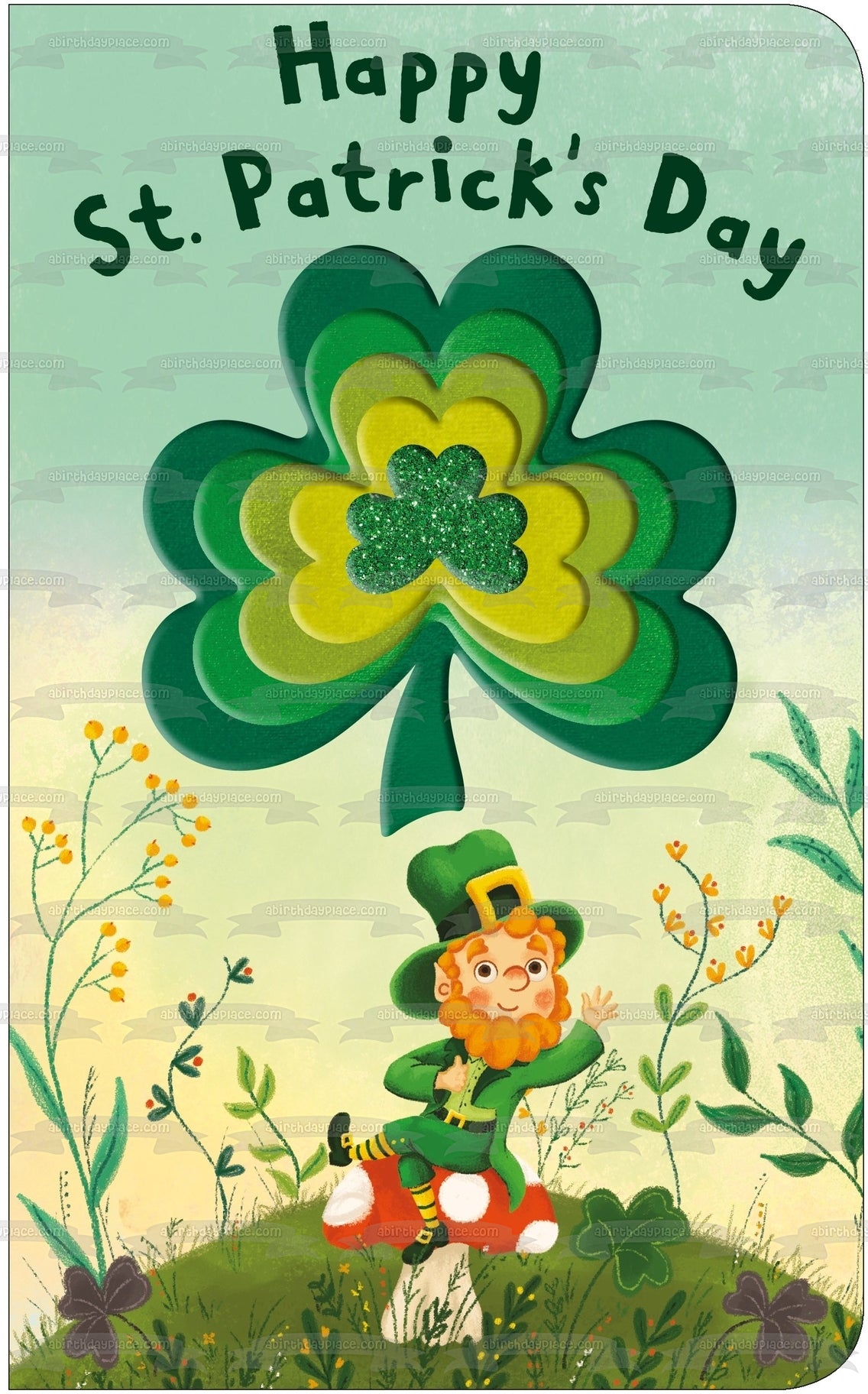 Feliz Día de San Patricio Leprechaun Tréboles de 4 hojas Decoración comestible para tarta Imagen ABPID53726 