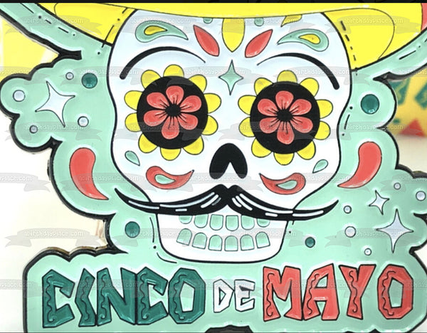 Cinco De Mayo Sugar Skull Wearing a Sombrero Edible Cake Topper Image ABPID53793