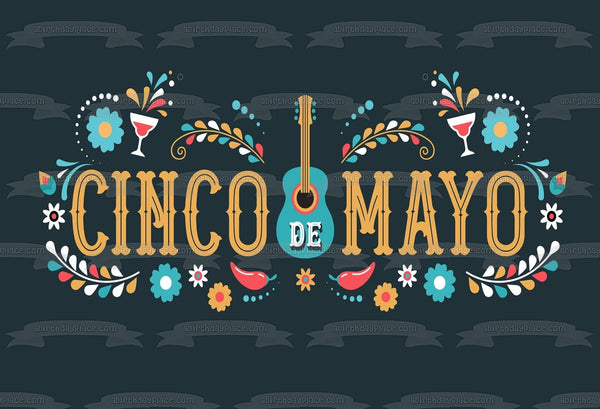 Cinco De Mayo Guitar Wine Glasses Chili Peppers Flowers Edible Cake Topper Image ABPID53803
