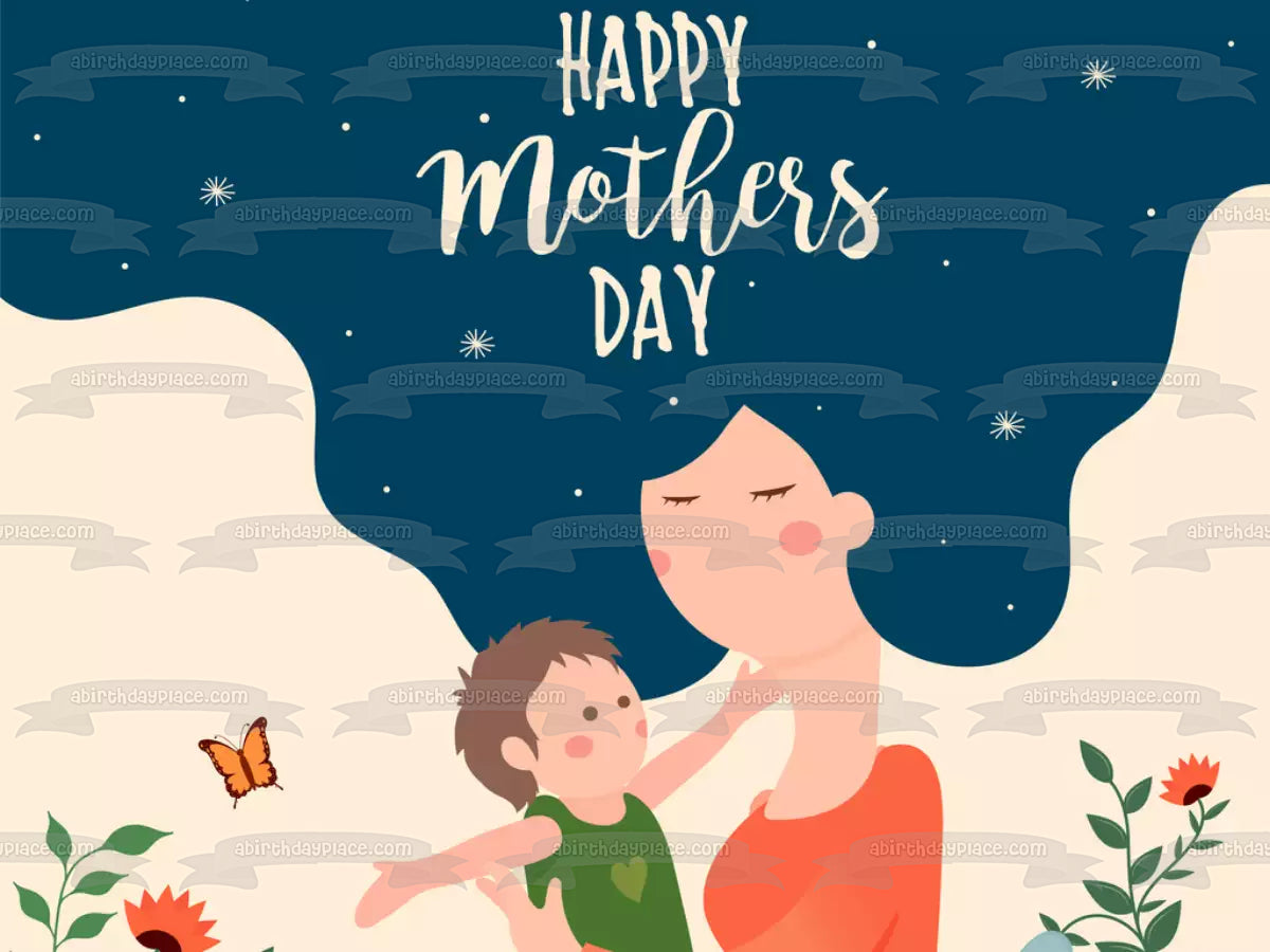 Happy Mother's Day Mother and Baby Flowers Butterflies Edible Cake Topper Image ABPID53820