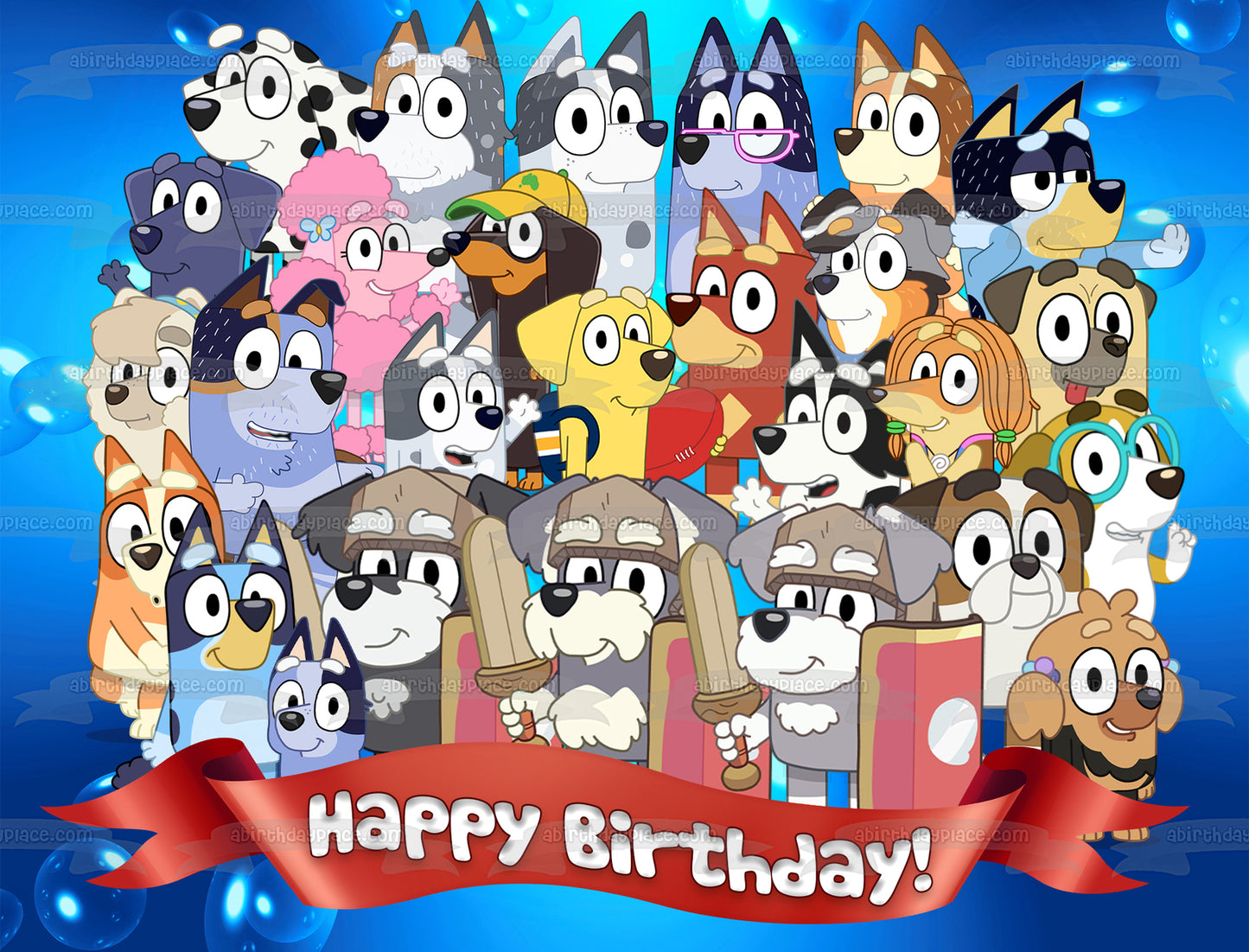 Bluey Cast Happy Birthday Banner Bandit Chilli Mrs. Retreiver Aunt Trixie Heeler Edible Cake Topper Image ABPID54026