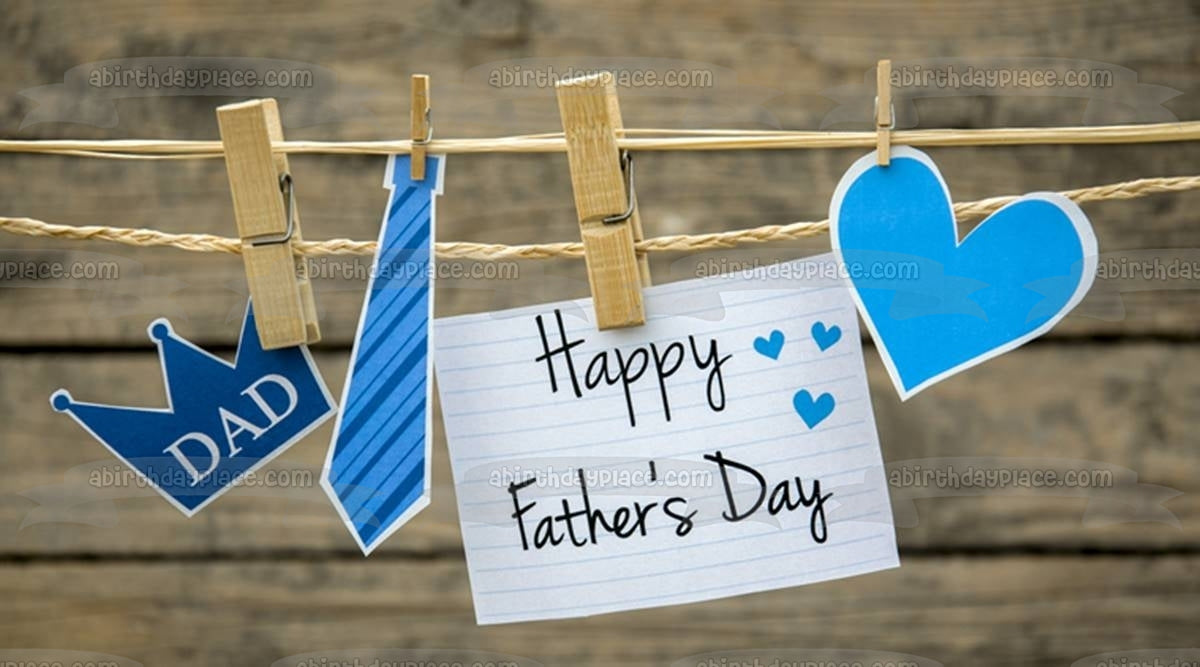 Happy Father's Day Heart Crown Tie Clothespin Line Note Edible Cake Topper Image ABPID54053