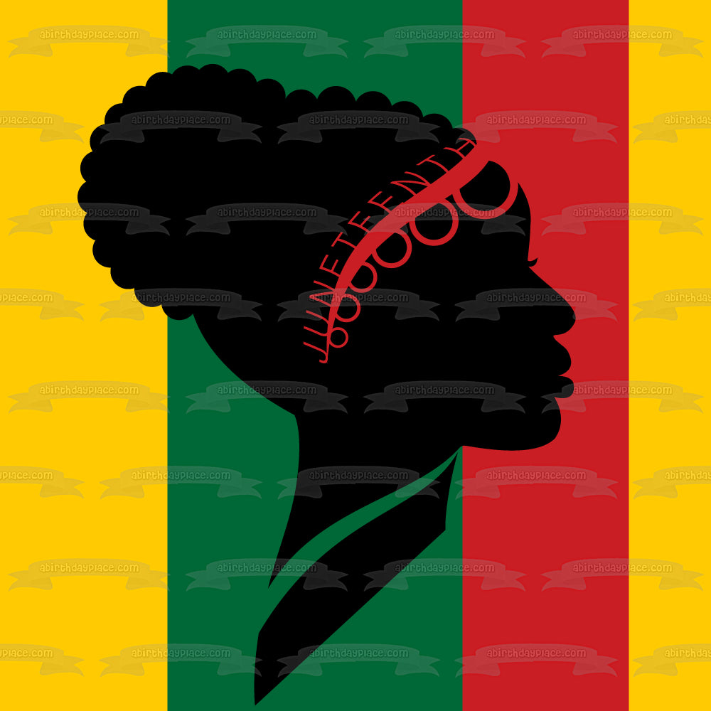 Imagen comestible para tarta con silueta de mujer afroamericana del Día de la Libertad del 16 de junio ABPID54098 