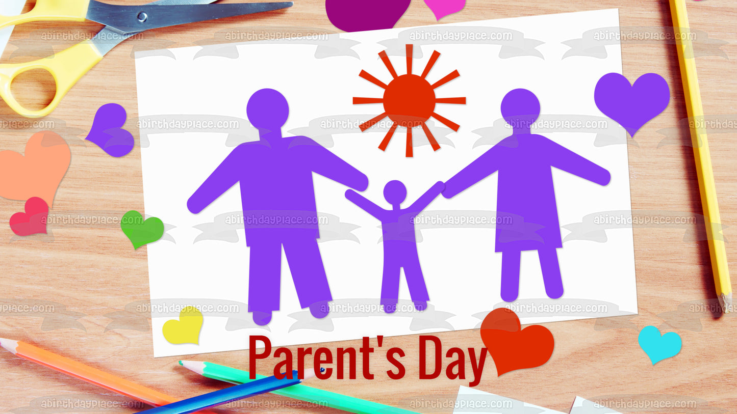 Feliz día de los padres, mamá, papá, niño tomados de la mano, decoración comestible para tarta, imagen ABPID54143 