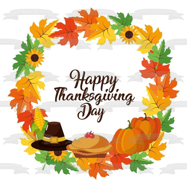Happy Thanksgiving Day Pumpkins Pies Sunflowers Edible Cake Topper Image ABPID54354