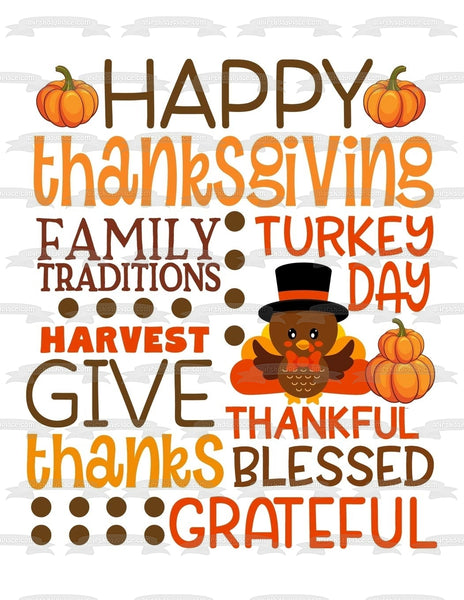 Happy Thanksgiving Turkey Pumpkin "Family Traditions" "Turkey Day" Edible Cake Topper Image ABPID54356