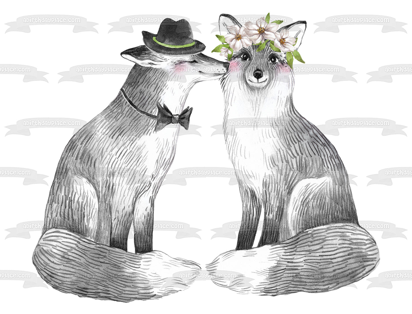 Woodland Love Foxes with Flowers Edible Cake Topper Image ABPID54608
