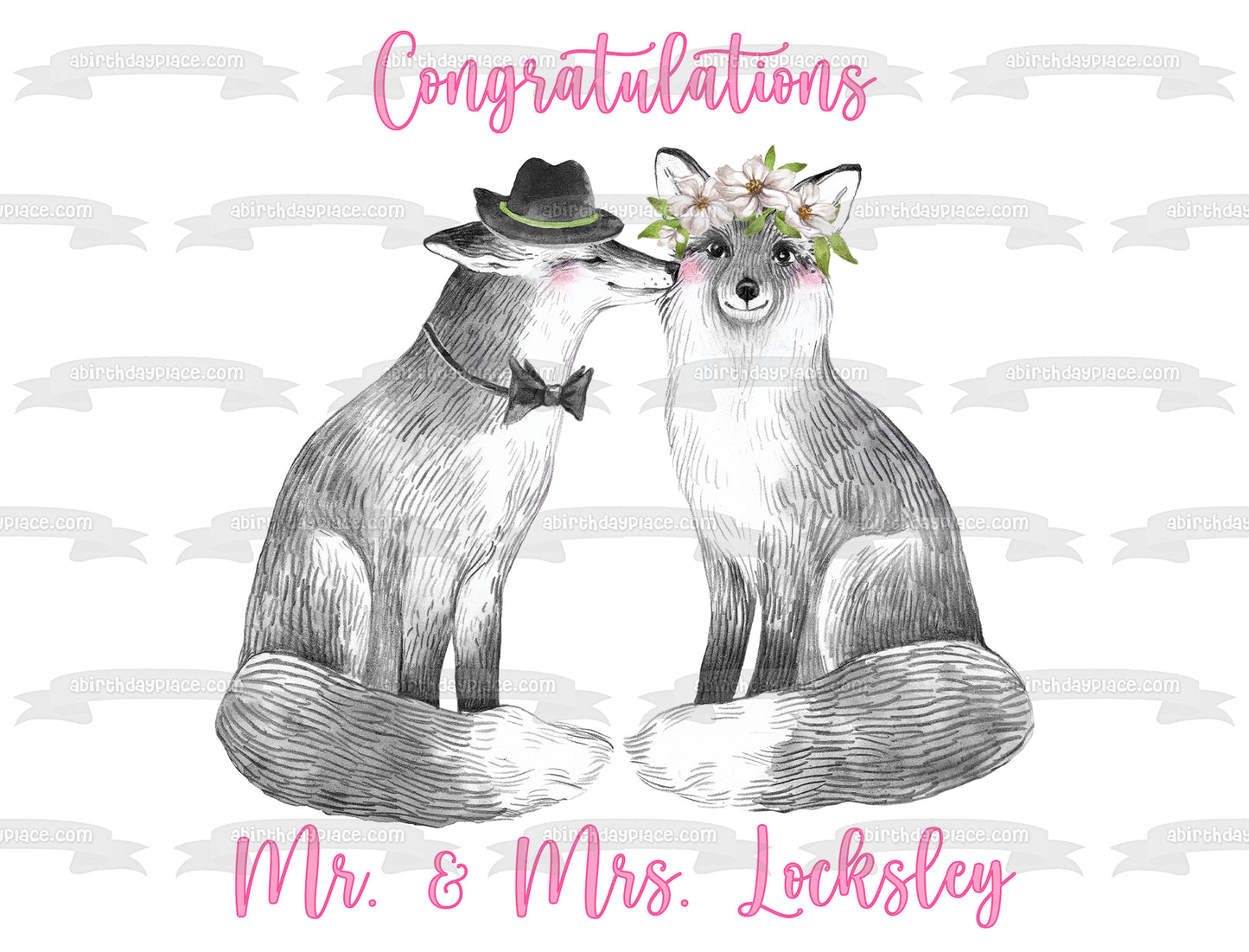 Woodland Love Foxes with Flowers Edible Cake Topper Image ABPID54608