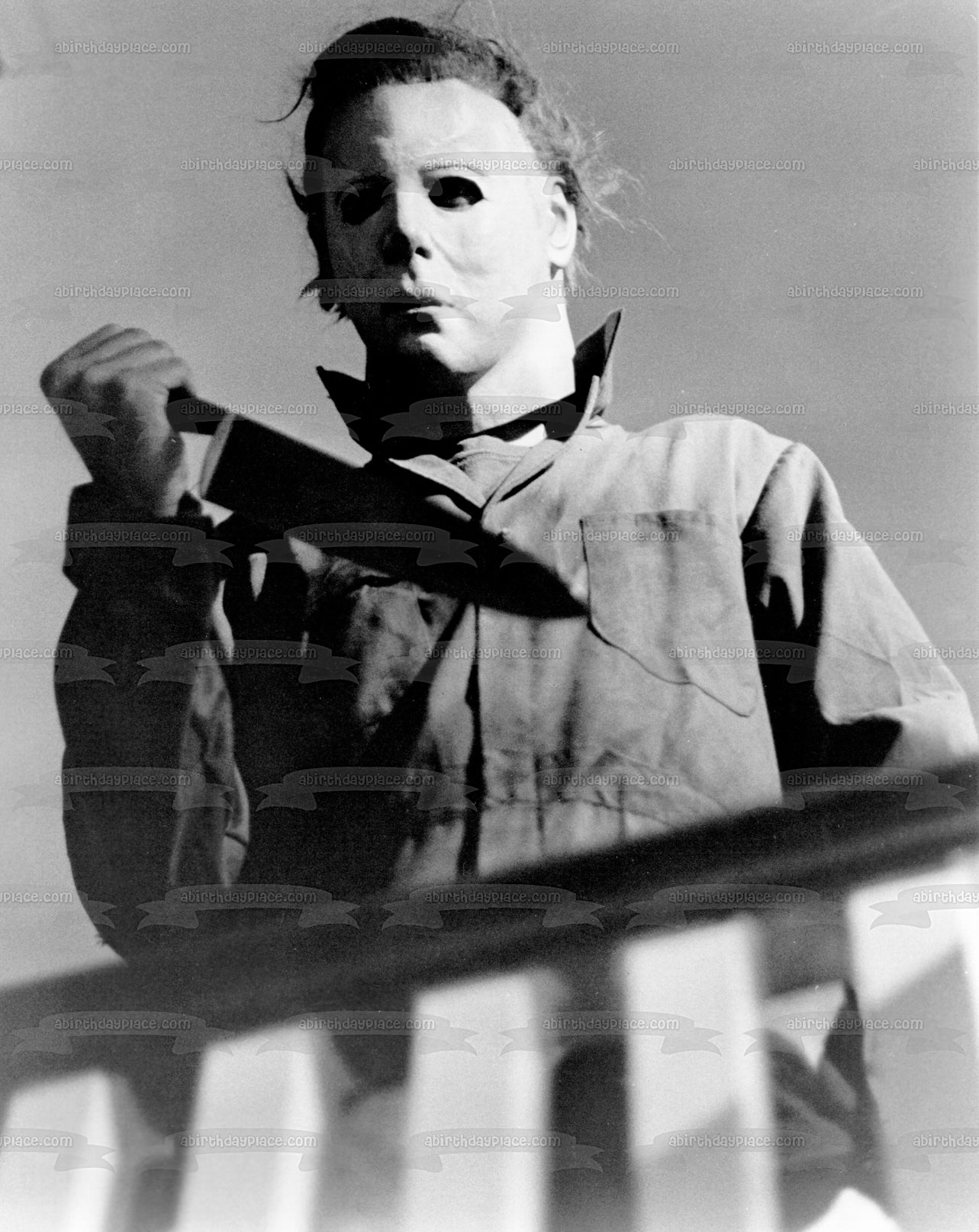 Halloween Michael Myers with a Knife Black and White Photo Edible Cake Topper Image ABPID54951