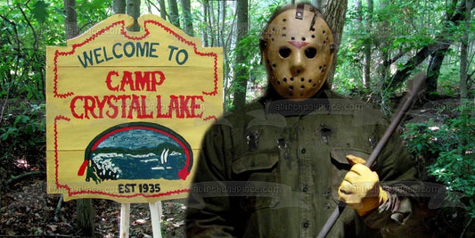 Friday the 13th Camp Crystal Lake Sign and Jason Voorhees Edible Cake Topper Image ABPID55020