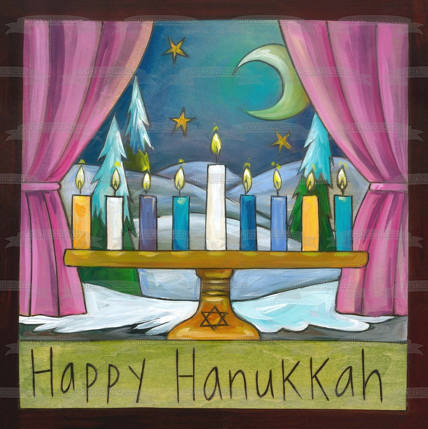 Feliz Hanukkah Menorah Luna y estrellas Imagen comestible para decoración de tarta ABPID55124 