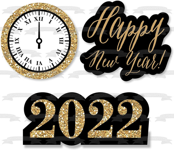 Happy New Year 2022 Clock at Midnight Edible Cake Topper Image ABPID55144
