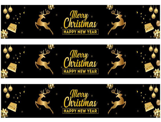 Merry Christmas and Happy New Year Gold Reindeer and Presents Edible Cake Topper Image Strips ABPID55176