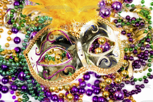 Happy Mardi Gras Gold Mask Jewels Edible Cake Topper Image ABPID55235