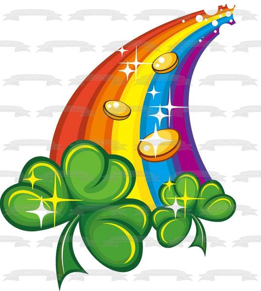 Happy St. Patricks Day Shamrocks Rainbow Gold Coins Edible Cake Topper Image ABPID55252