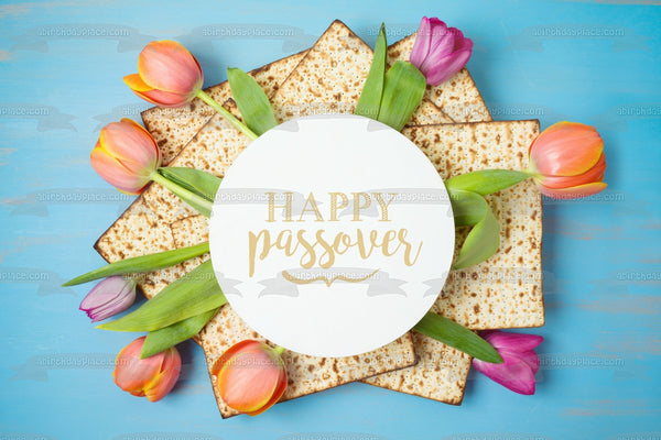 Happy Passover Flowers and Bread Edible Cake Topper Image ABPID55267