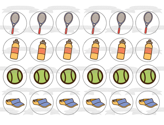 Gorro de tenis, raqueta de pelota y botella de agua, adorno comestible para tarta, imagen ABPID55575
