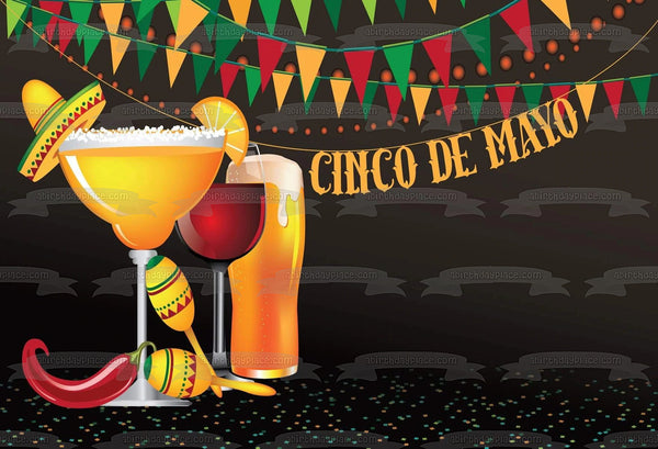 Happy Cinco De Mayo Margaritas and Beer Edible Cake Topper Image ABPID55779