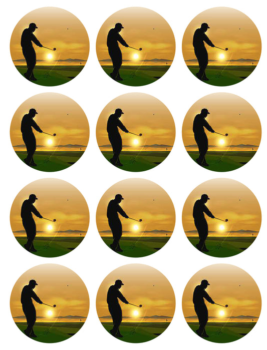 Golf at Sunset Golfing Swing Silhouette Edible Cupcake Topper Images ABPID55951