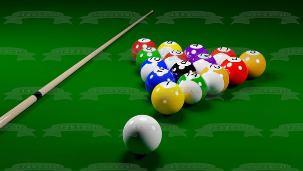 Pool Stick and Balls on Pool Table Edible Cake Topper Image ABPID55956