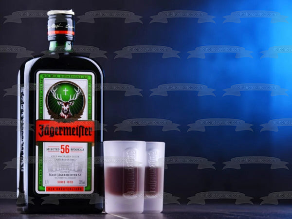 Jägermeister Bottle and Shot Glasses Edible Cake Topper Image ABPID56182