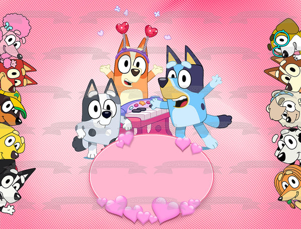 Bluey Valentines Hearts Celebration Bandit Chilli and Aunt Trixie Healer Edible Cake Topper Image ABPID56571