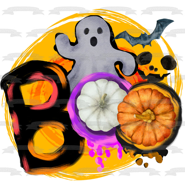 Boo Halloween Ghost Pumpkins and Bats Edible Cake Topper Image ABPID56572