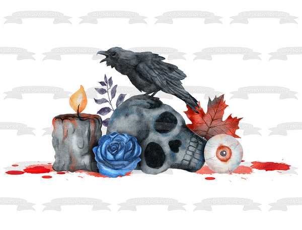 Halloween Black Candle, A Raven, A Skull, An Eyeball and Leaves and Flowers Edible Cake Topper Image ABPID56588