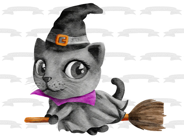 Happy Halloween Witch Cat on a Broom Watercolor Illustration Edible Cake Topper Image ABPID56652