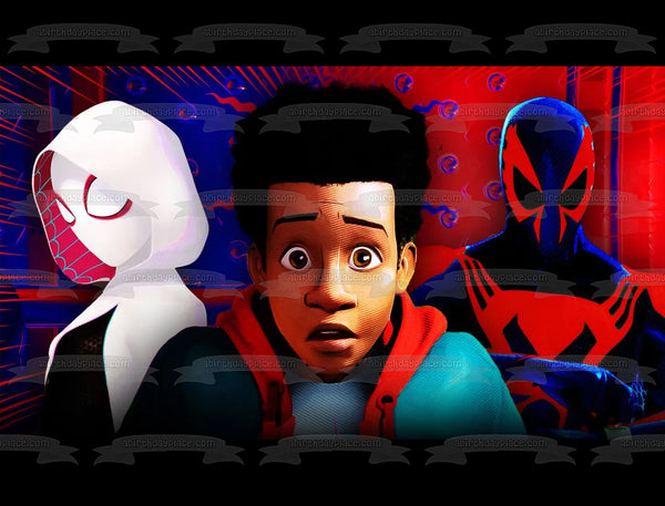Spider-Man Across the Spider-Verse Miles Morales and Spider-Gwen Edible Cake Topper Image ABPID56678