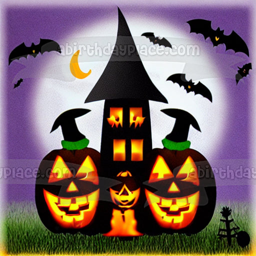 Happy Halloween Pumpkins Haunted House and Bats Edible Cake Topper Image ABPID56710