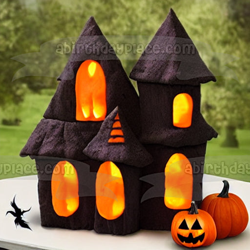 Happy Halloween Pumpkins and a Haunted House Edible Cake Topper Image ABPID56713