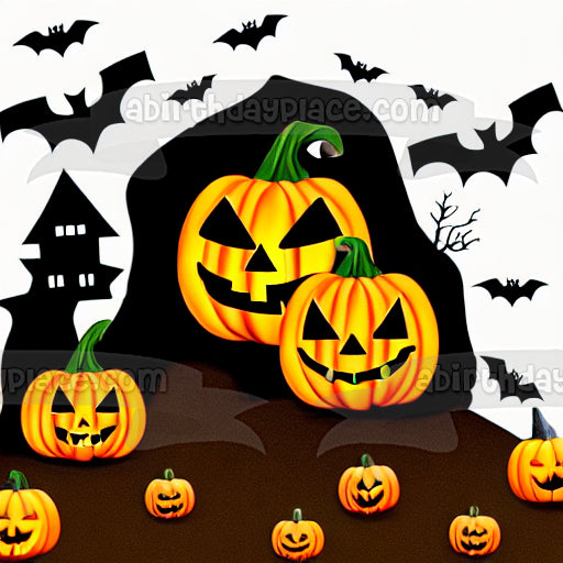 Happy Halloween Bats Pumpkins and a Haunted House Edible Cake Topper Image ABPID56715