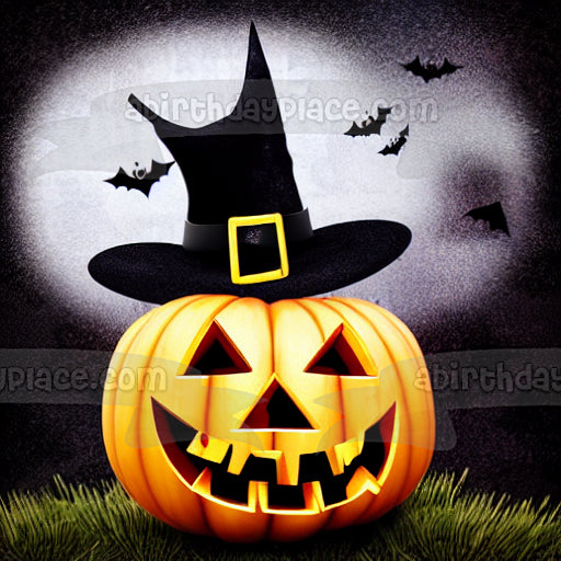 Happy Halloween Happy Jack O' Lantern Wearing a Witch Hat and Bats Flying Edible Cake Topper Image ABPID56716
