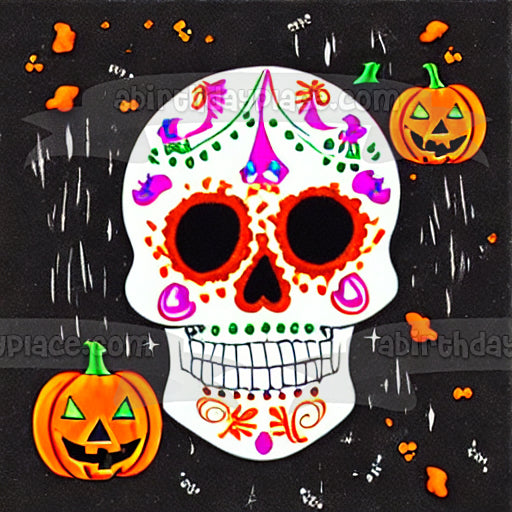 Happy Halloween Sugar Skull and Scary Jack O 'Lanterns Edible Cake Topper Image ABPID56721