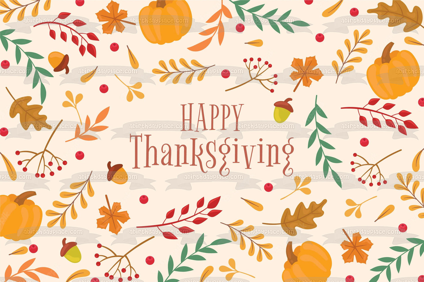 Feliz Día de Acción de Gracias, calabazas y hojas de colores otoñales, adorno comestible para pastel, imagen ABPID56753 