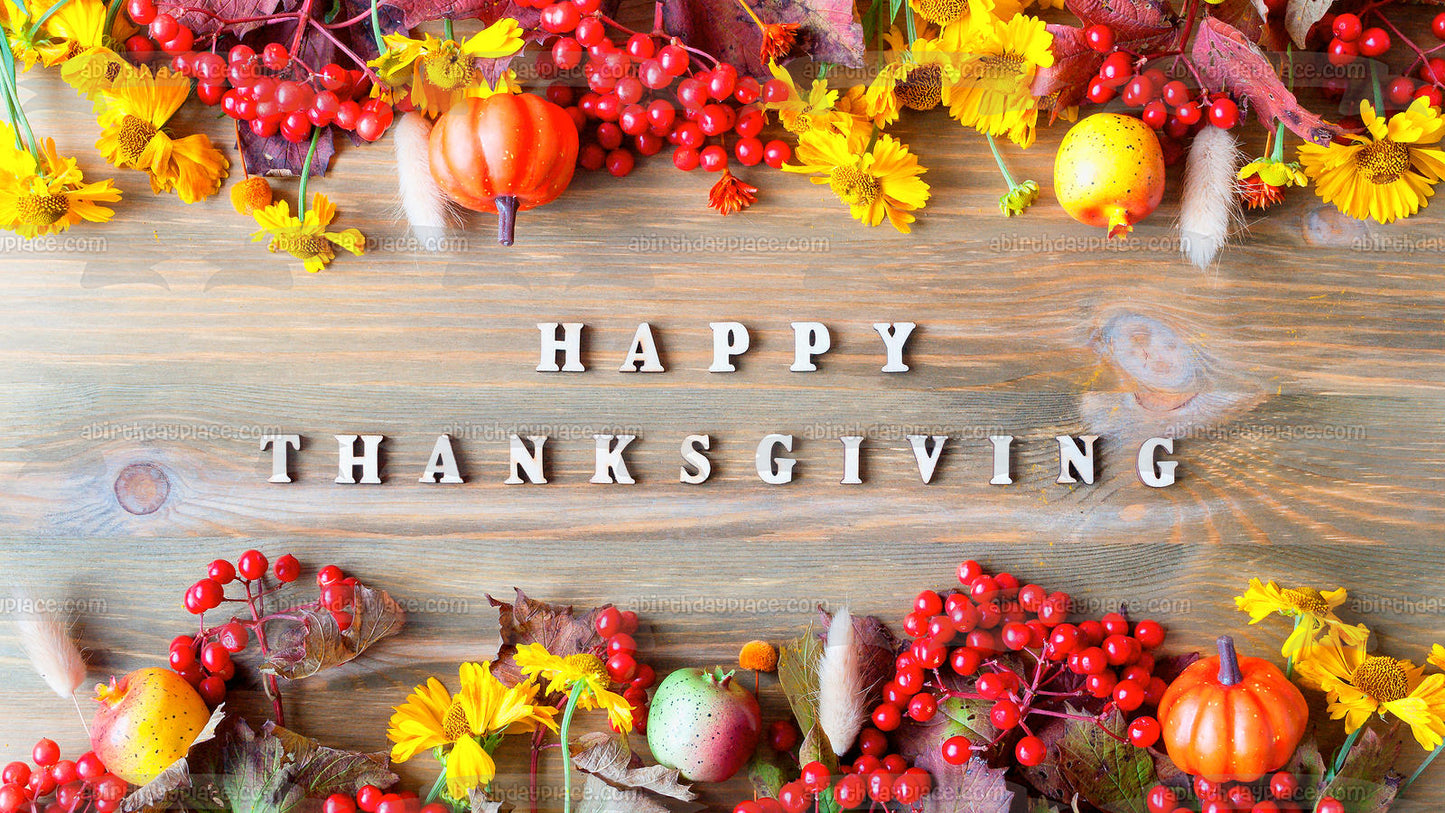Feliz Día de Acción de Gracias, coloridas hojas de otoño y calabazas, adorno comestible para pastel, imagen ABPID56755 