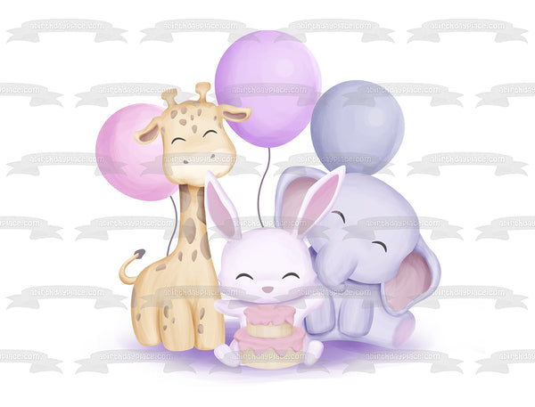 Pastel Animals Party Customizable Age Balloon Giraffe Bunny Rabbit Elephant Edible Cake Topper Image ABPID56858