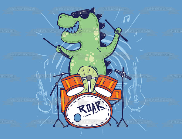 Rockosaurus Rex Drummer Rock Band Dinosaur Tyrannosaurus T-Rex Cartoon Illustration Edible Cake Topper Image ABPID56861