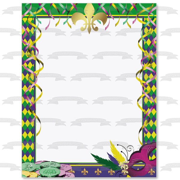 Happy Mardi Gras Colorful Mask Frame Edible Cake Topper Image Frame ABPID57010