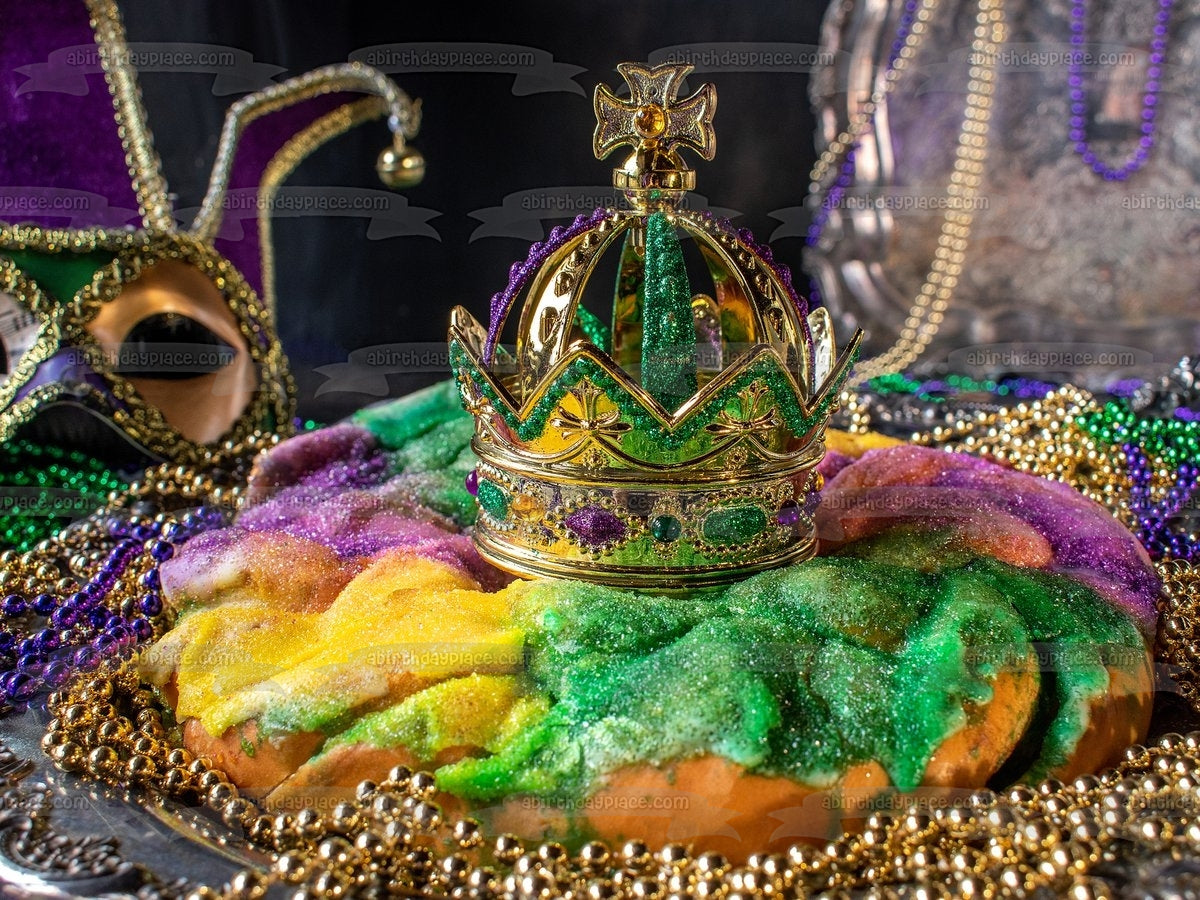 Happy Mardi Gras - Adorno comestible para tarta con corona y máscara facial, cuentas coloridas, imagen ABPID57028 