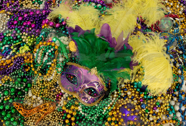 Happy Mardi Gras Colorful Mask and  Beads Edible Cake Topper Image ABPID57029