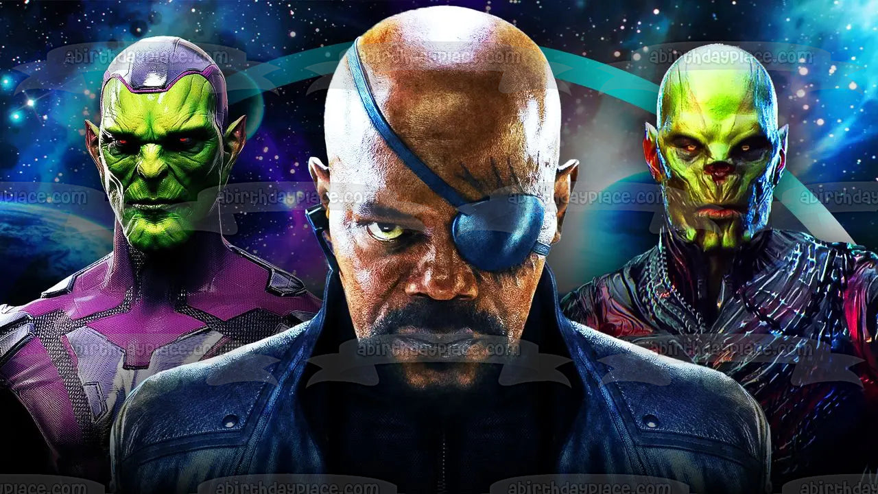 Secret Invasion Nick Fury Talos and Gravick In Outer Space Edible Cake Topper Image ABPID57034