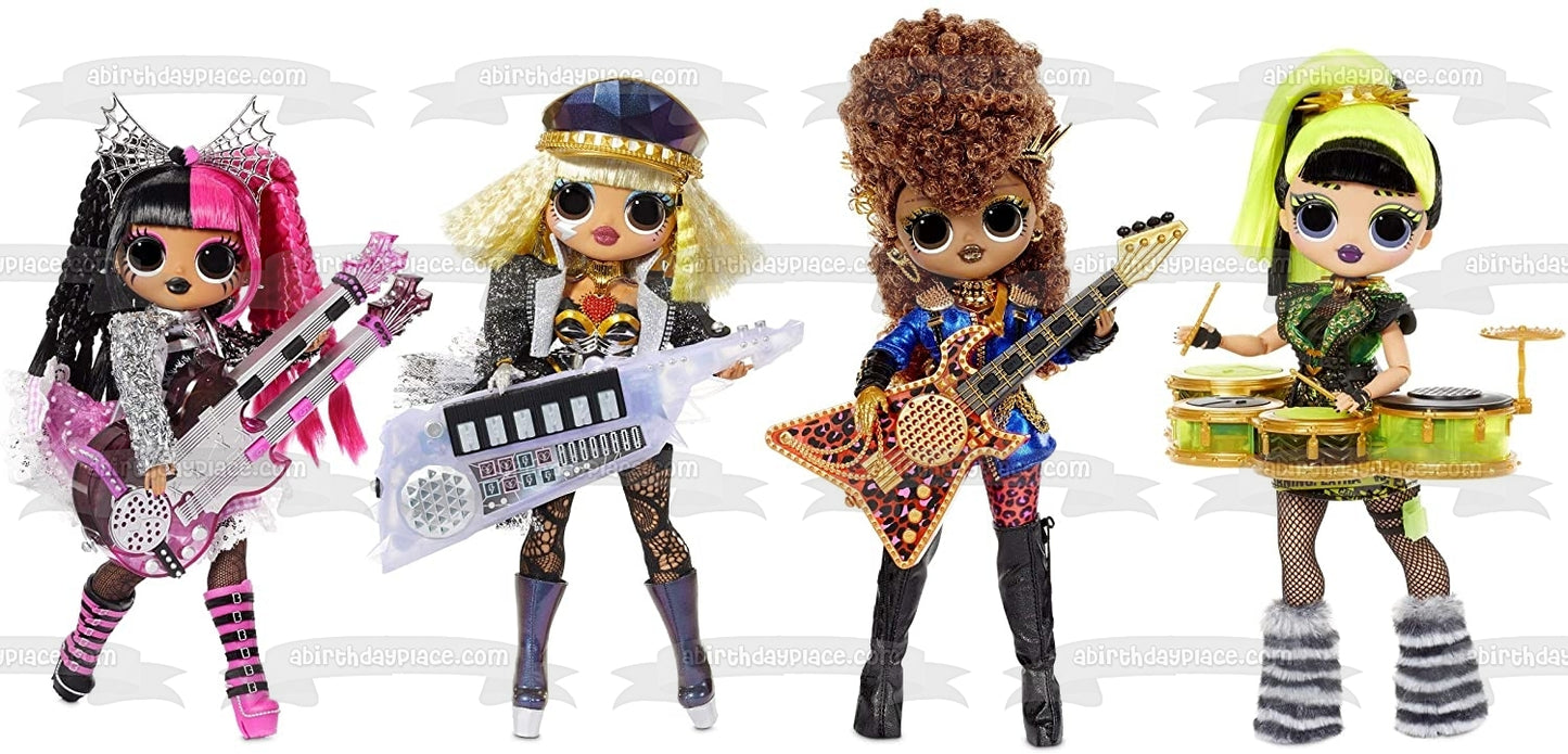 LOL. Surprise O.M.G. Remix Super Surprise Ferocious Bhad Gurl Fame Queen and Metal Chick with Instruments Edible Cake Topper Image ABPID57053