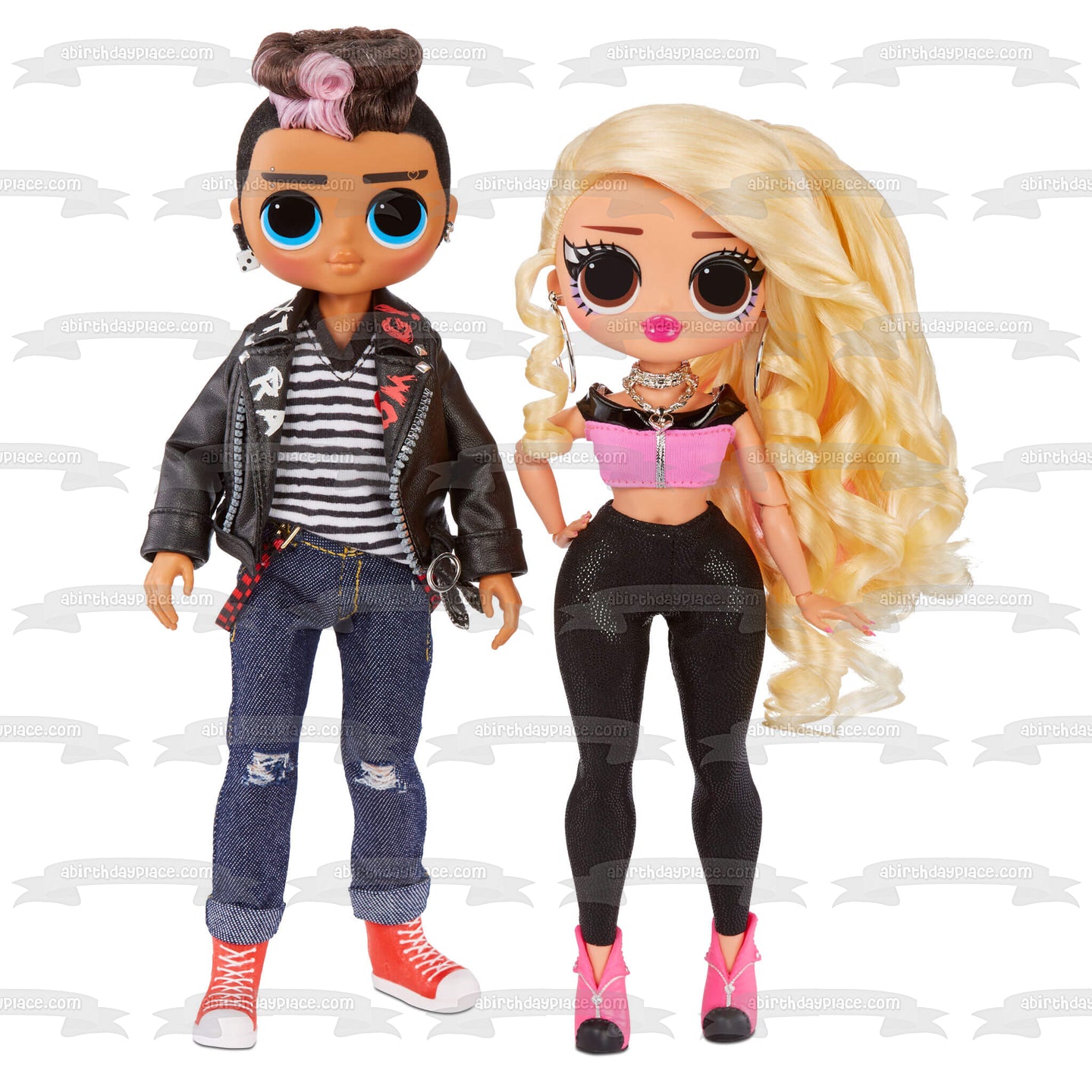 LOL Surprise Omg Movie Magic Fashion Tough Dude and Pink Chick Edible Cake Topper Image ABPID57067